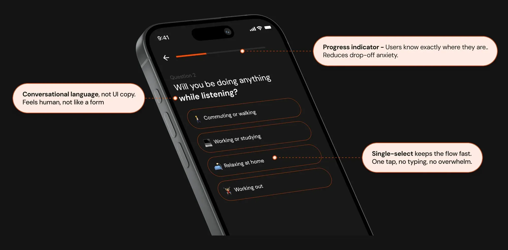 Vibe setup question screen, annotated