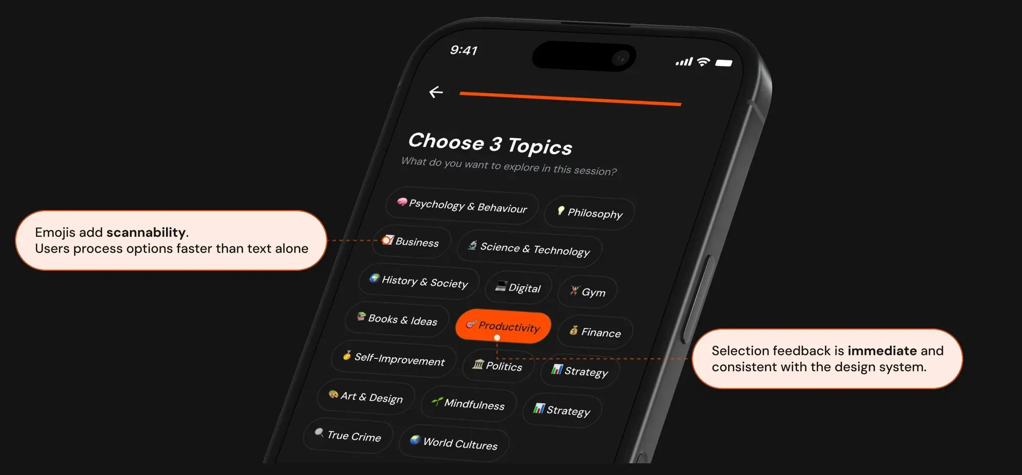 Topic selection screen with emoji-labelled topic chips, annotated