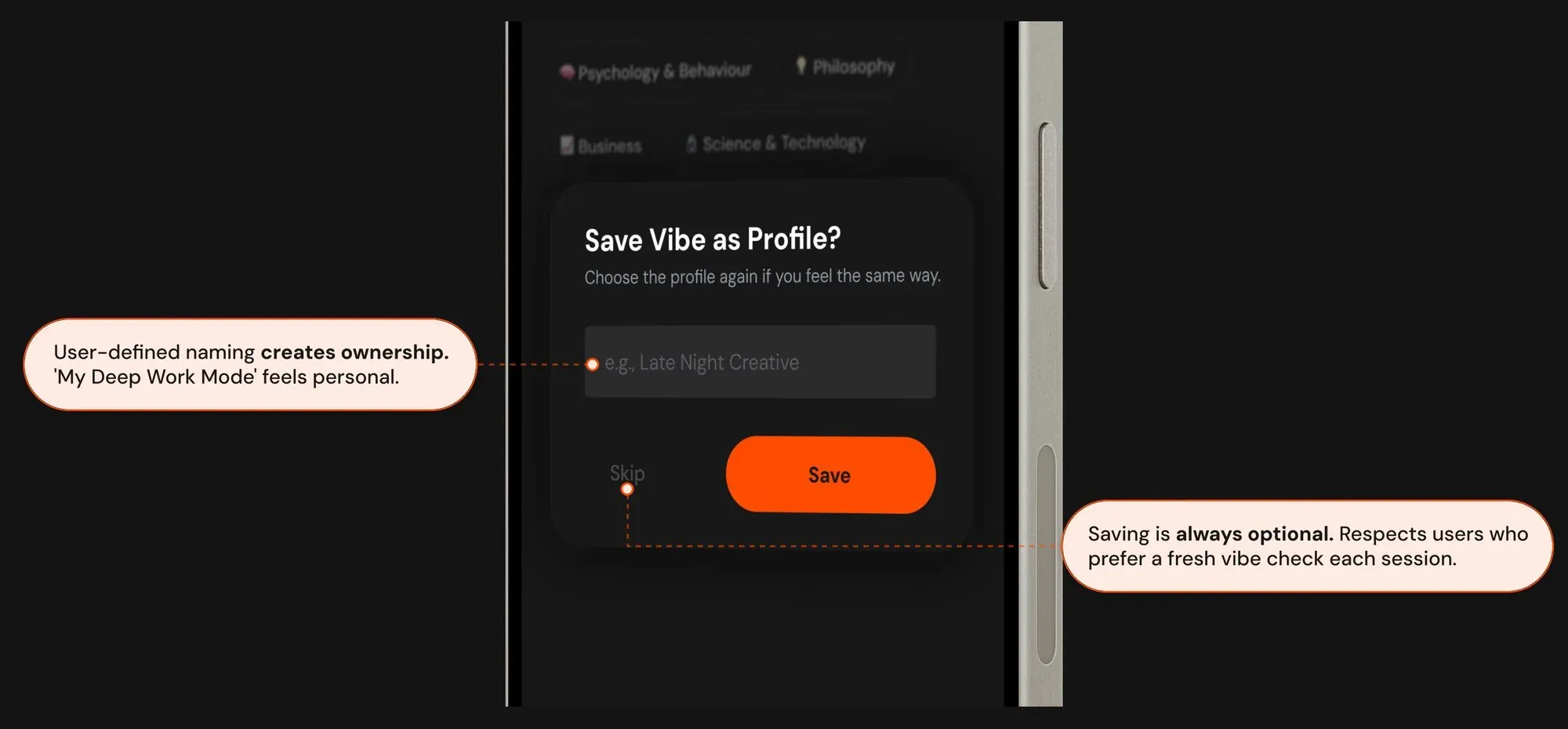 'Save vibe as profile?' dialog with a name field, annotated