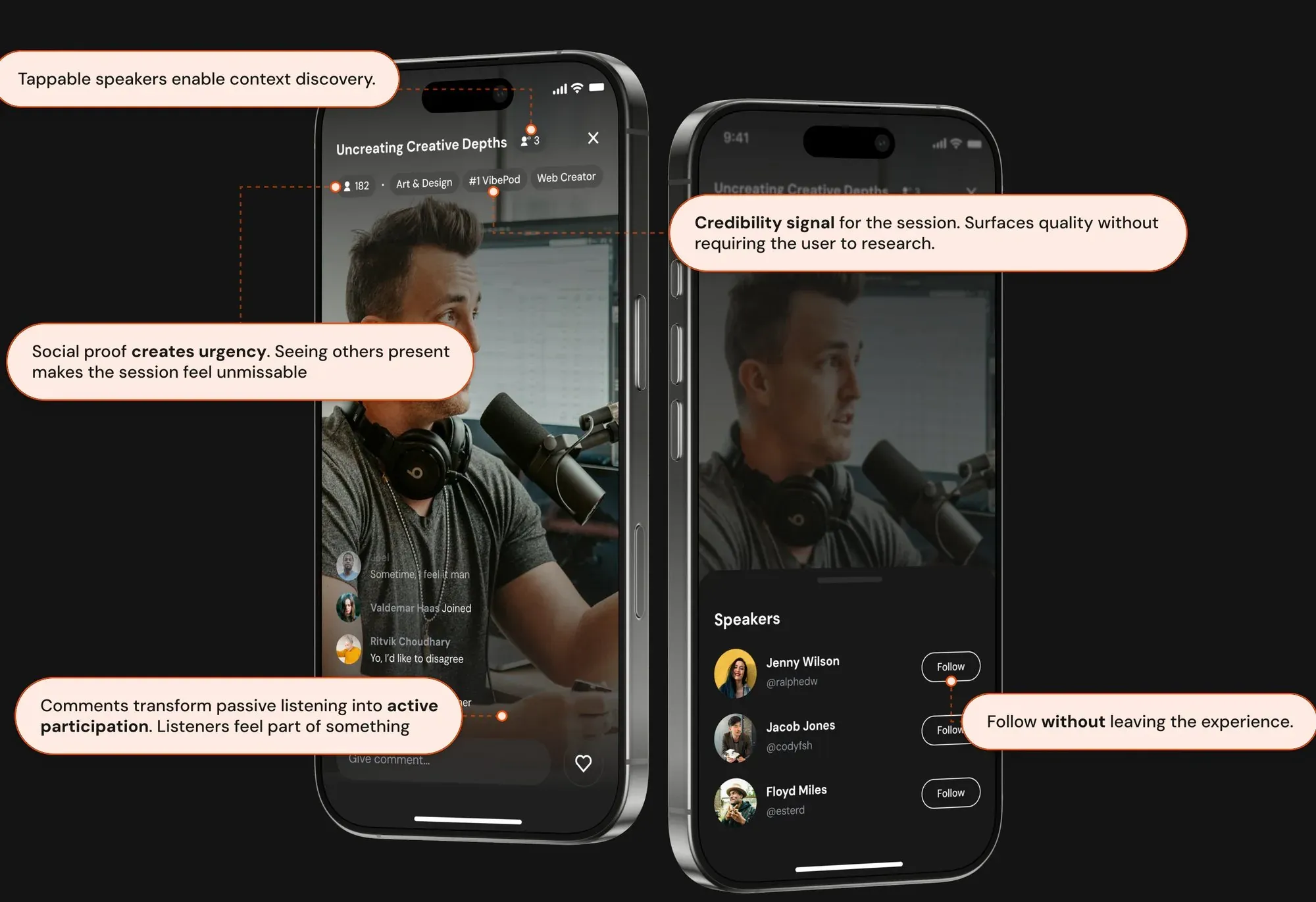 Live session screens with comments and a speakers sheet, annotated