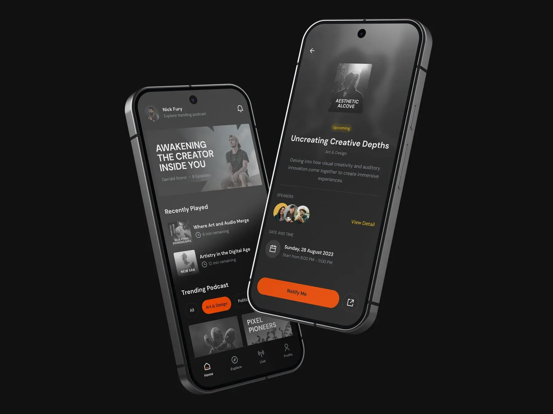 Two Vibepod screens: a podcast detail page and the live session view