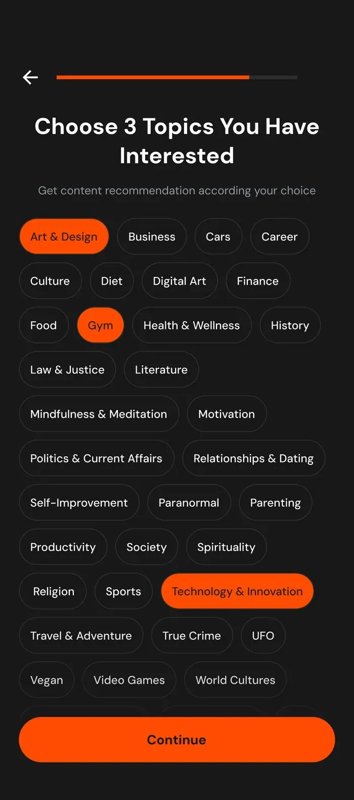 Onboarding: choose topics